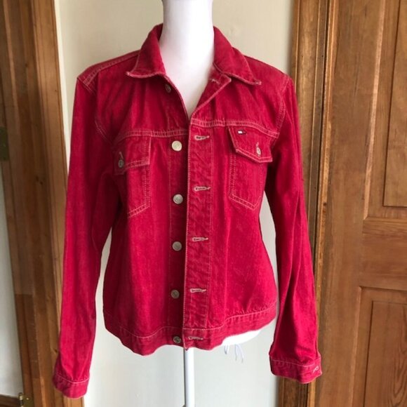 TOMMY HILFIGER Red Denim Trucker Jacket Large Vintage 2000 - Picture 3 of 17